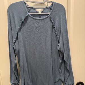 NWT LC Lauren Conrad, Soft Long Sleeve Ruffle TrimTunic Top, Slate Blue, Size M